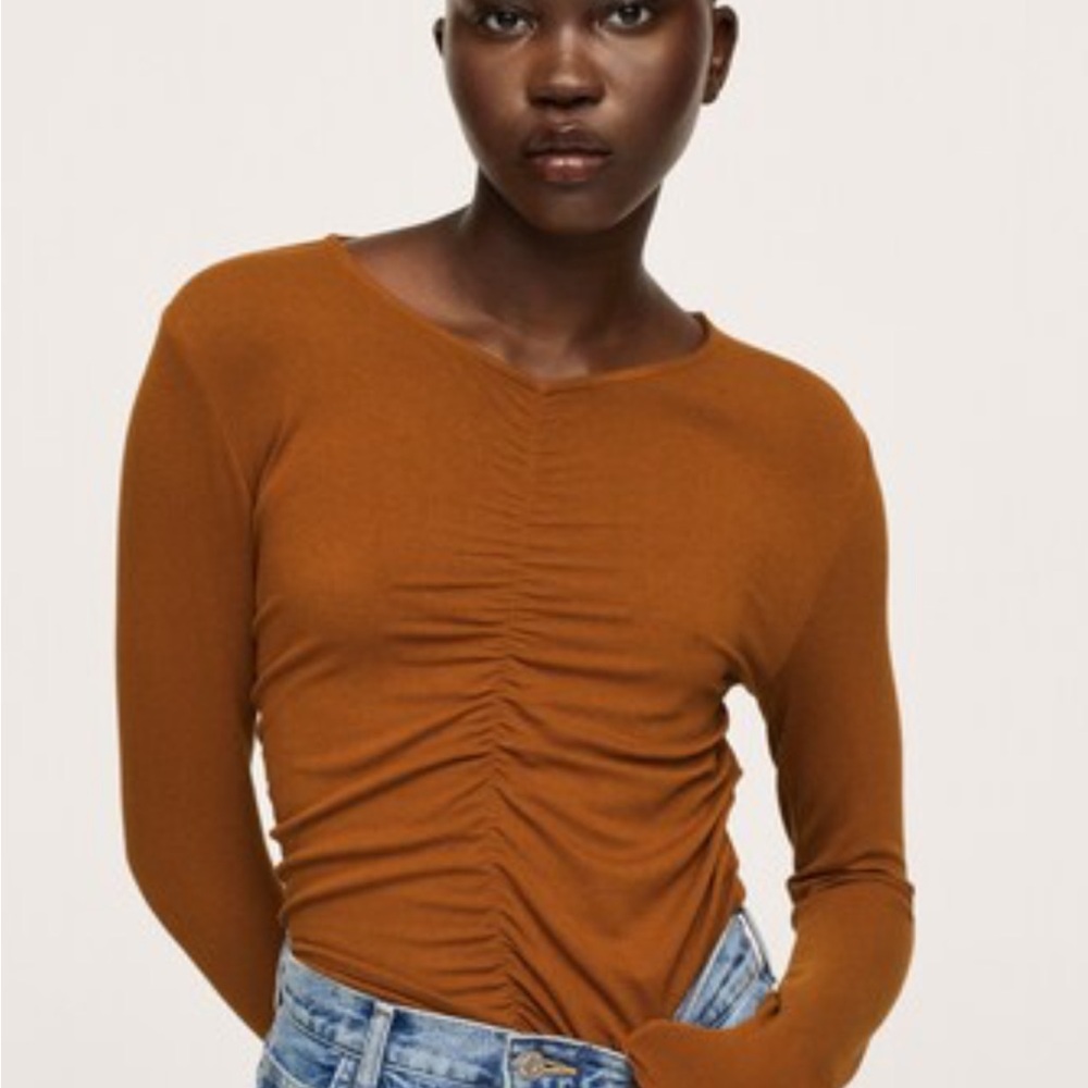 Mango Brown Ruched Fitted Long Sleeve Top